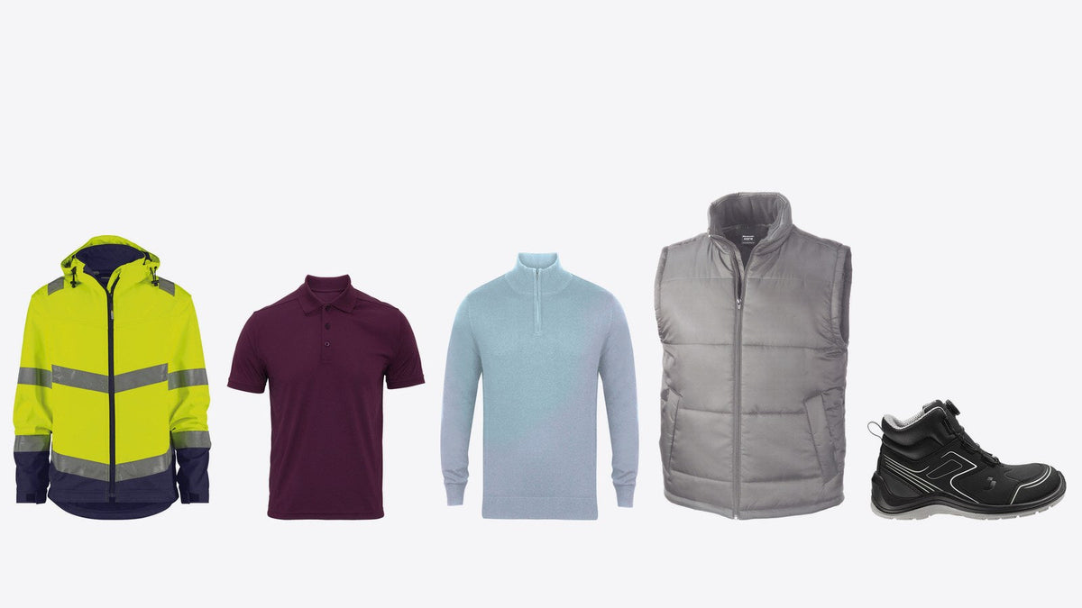 Real Workwear Co products for a staff uniform portal: hi-vis softshell, polo shirt, quarter-zip jumper, bodywarmer and safety boot