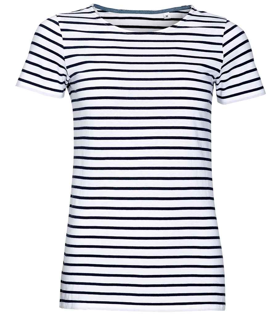SOL'S Ladies Miles Striped T-Shirt in White/Navy, front view
