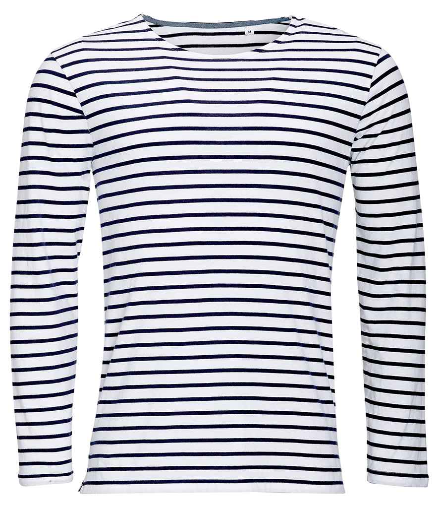 SOL'S Marine Long Sleeve Striped T-Shirt in White/Navy, front view