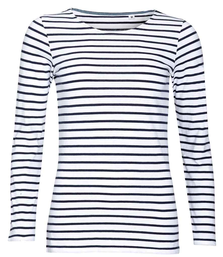 SOL'S Ladies Marine Long Sleeve Striped T-Shirt in White/Navy, front view