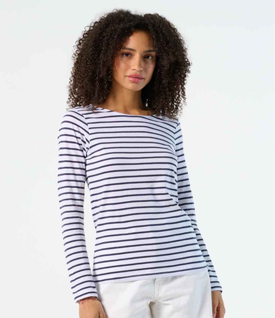 SOL'S Ladies Marine Long Sleeve Striped T-Shirt in White/Navy