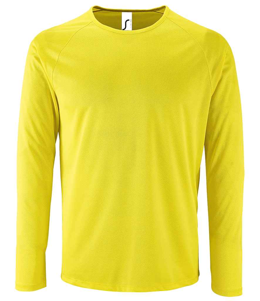 SOL'S Sporty Long Sleeve Performance T-Shirt in Neon Yellow, front view