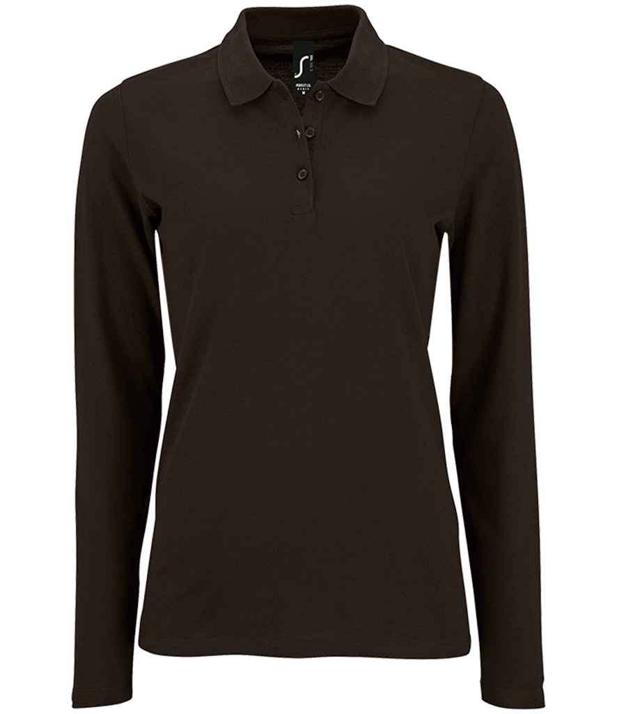 SOL'S Ladies Perfect Long Sleeve Piqué Polo Shirt in Black, front view