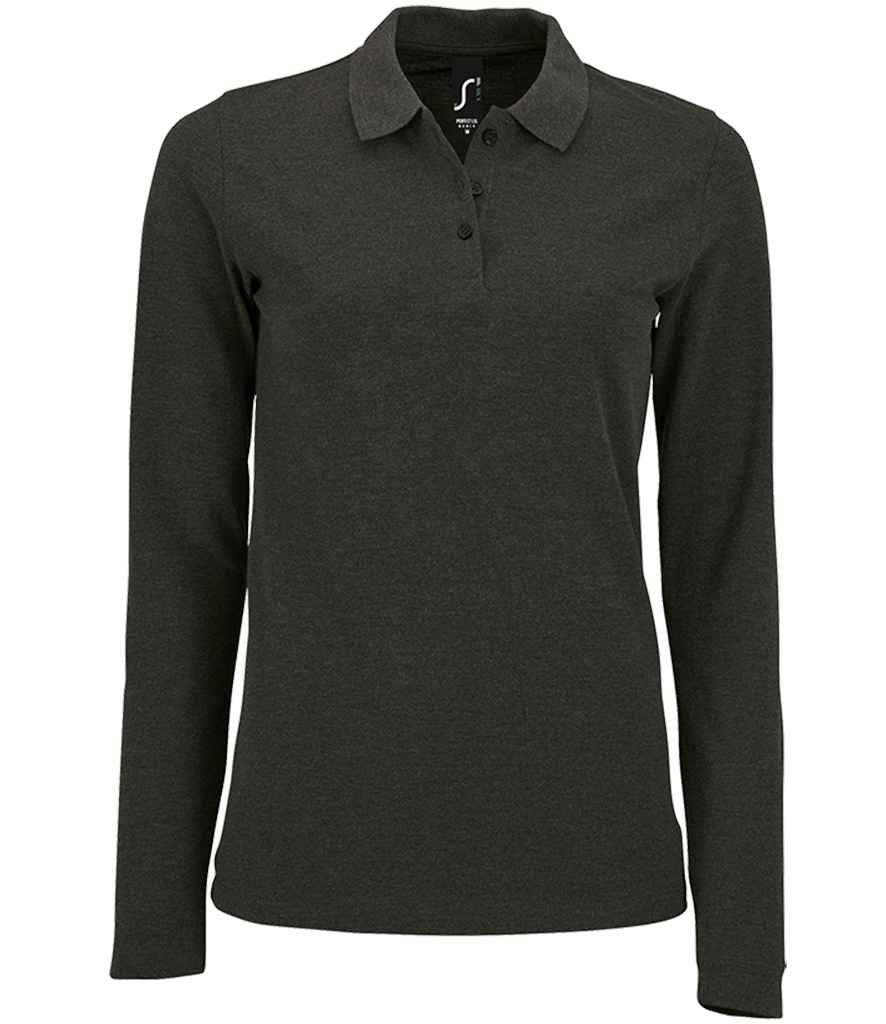 SOL'S Ladies Perfect Long Sleeve Piqué Polo Shirt in Charcoal Marl, front view