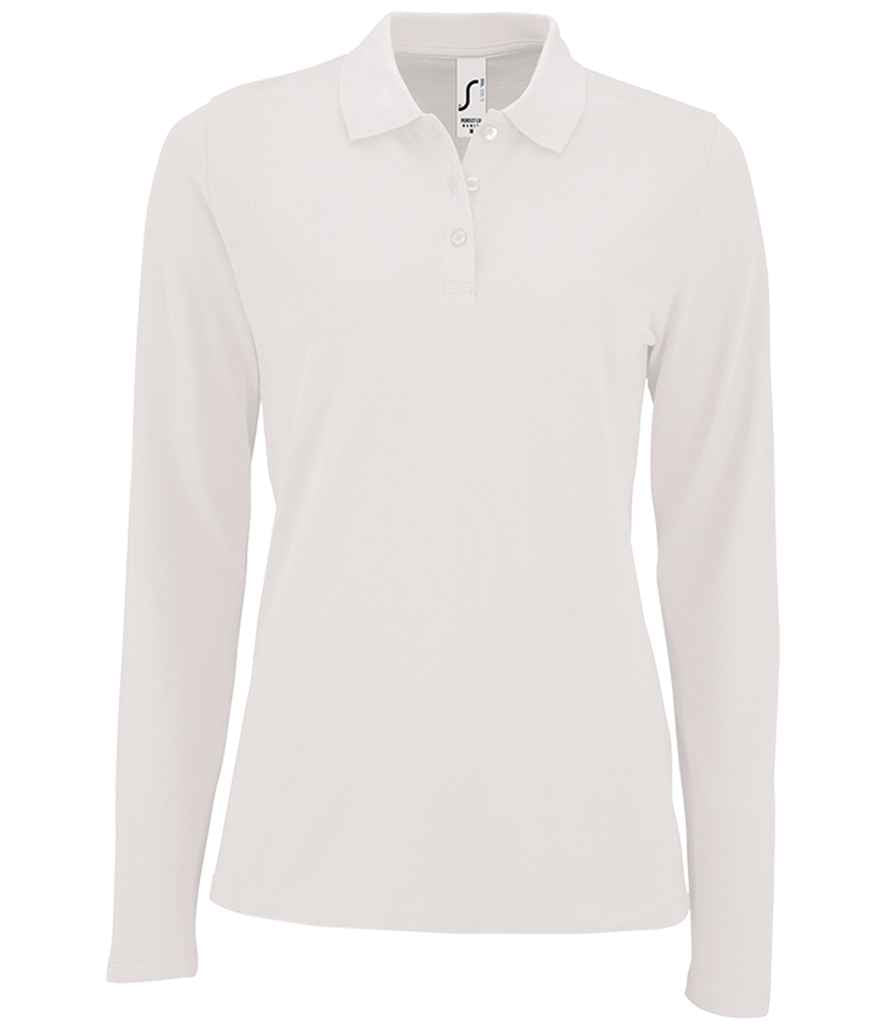 SOL'S Ladies Perfect Long Sleeve Piqué Polo Shirt in White, front view