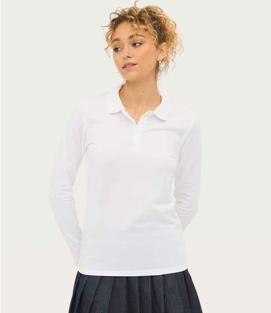 SOL'S Ladies Perfect Long Sleeve Piqué Polo Shirt in White