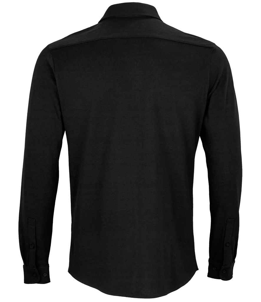 NEOBLU Basile Organic Cotton Long Sleeve Piqué Shirt in Deep Black, back view