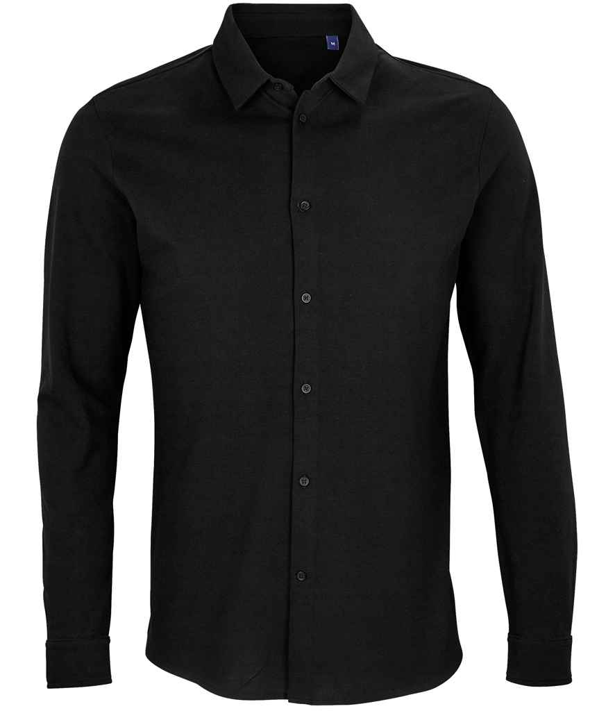 NEOBLU Basile Organic Cotton Long Sleeve Piqué Shirt in Deep Black, front view