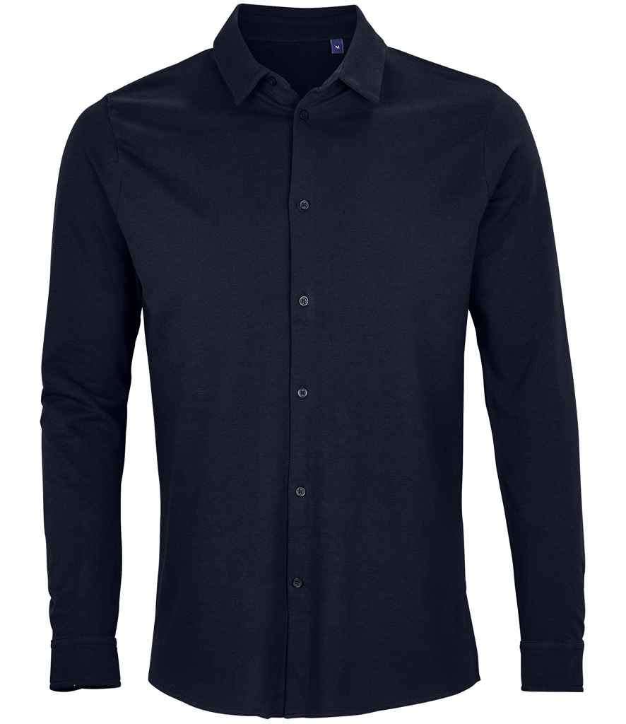 NEOBLU Basile Organic Cotton Long Sleeve Piqué Shirt in Night Blue, front view