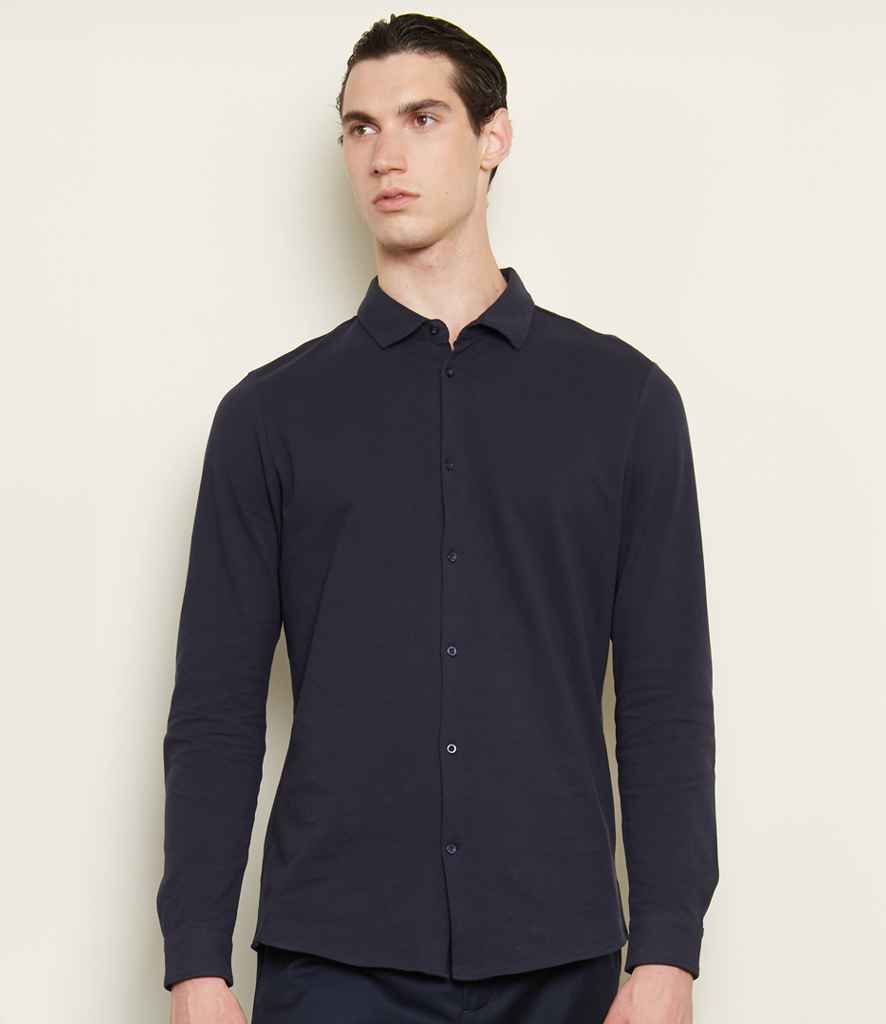 NEOBLU Basile Organic Cotton Long Sleeve Piqué Shirt in Night Blue