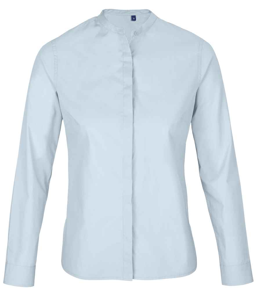 NEOBLU Ladies Bart Mao Collar Long Sleeve Poplin Shirt in Soft Blue, front view