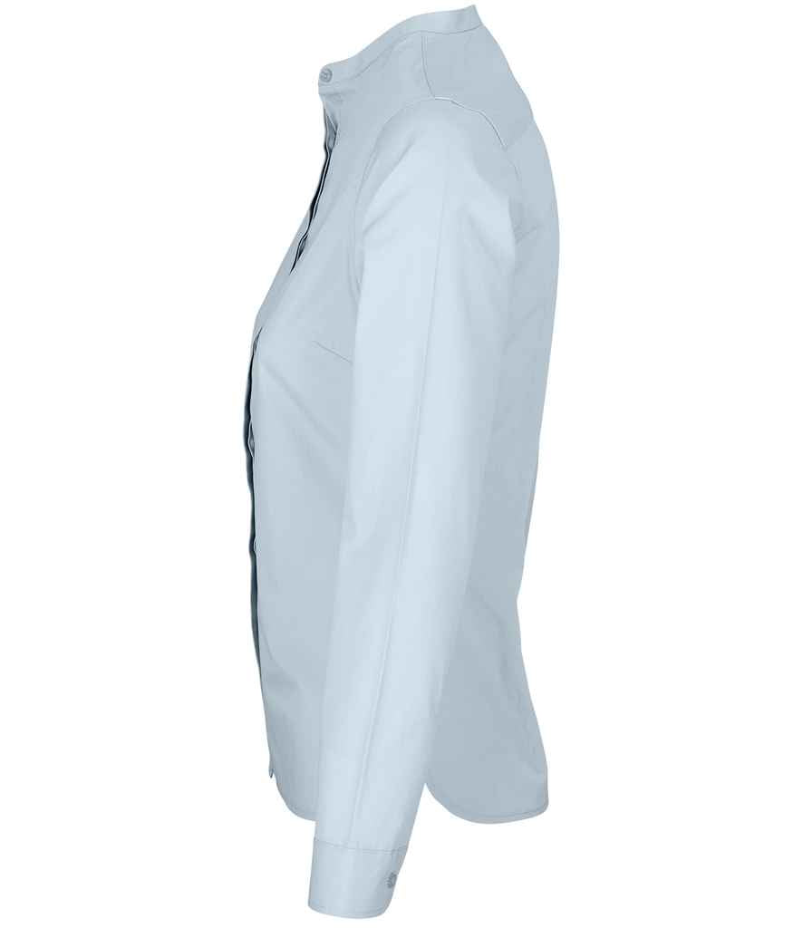 NEOBLU Ladies Bart Mao Collar Long Sleeve Poplin Shirt in Soft Blue, side view