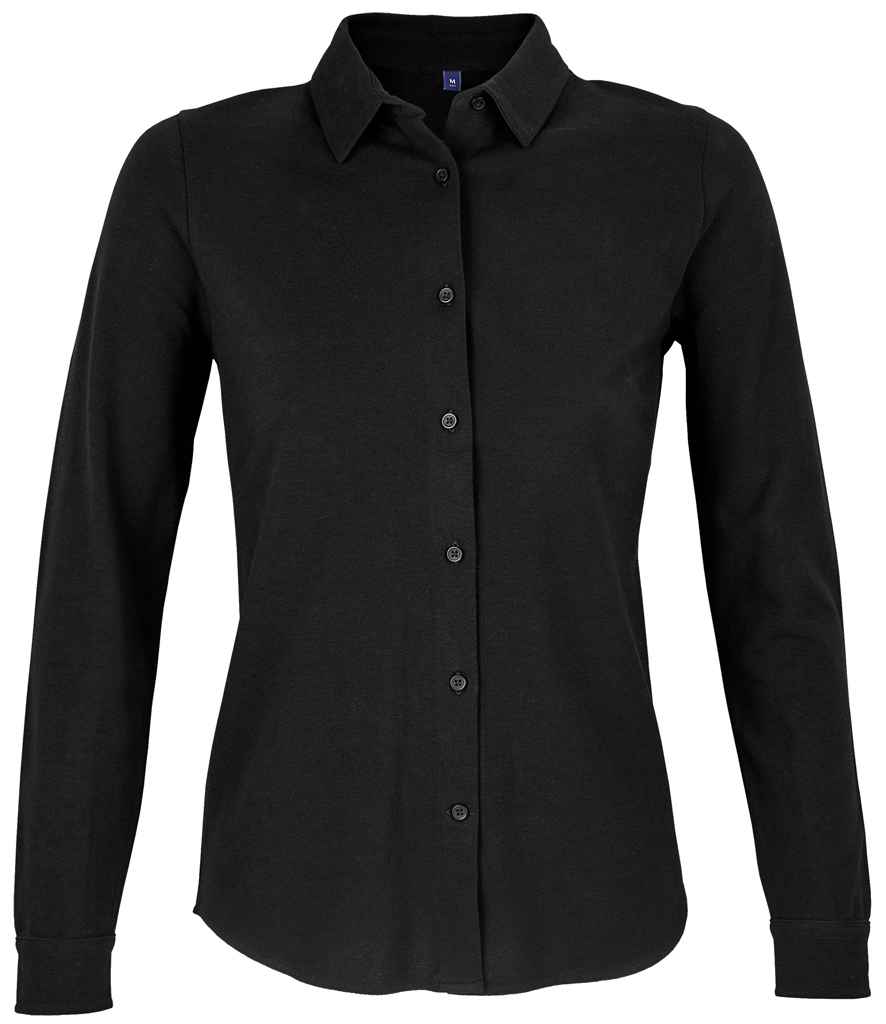 NEOBLU Ladies Basile Organic Cotton Long Sleeve Piqué Shirt in Deep Black, front view