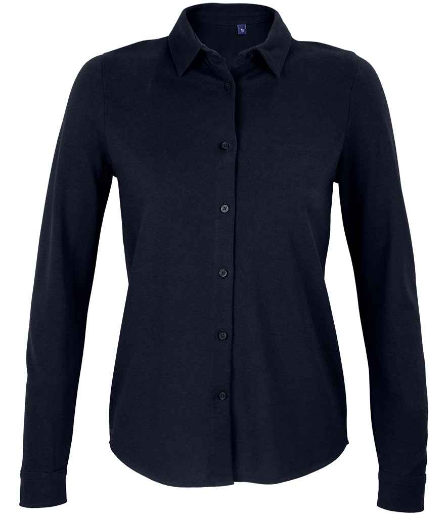 NEOBLU Ladies Basile Organic Cotton Long Sleeve Piqué Shirt in Night Blue, front view