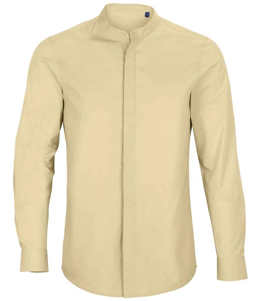 NEOBLU Bart Mao Collar Long Sleeve Poplin Shirt in Beige, front view