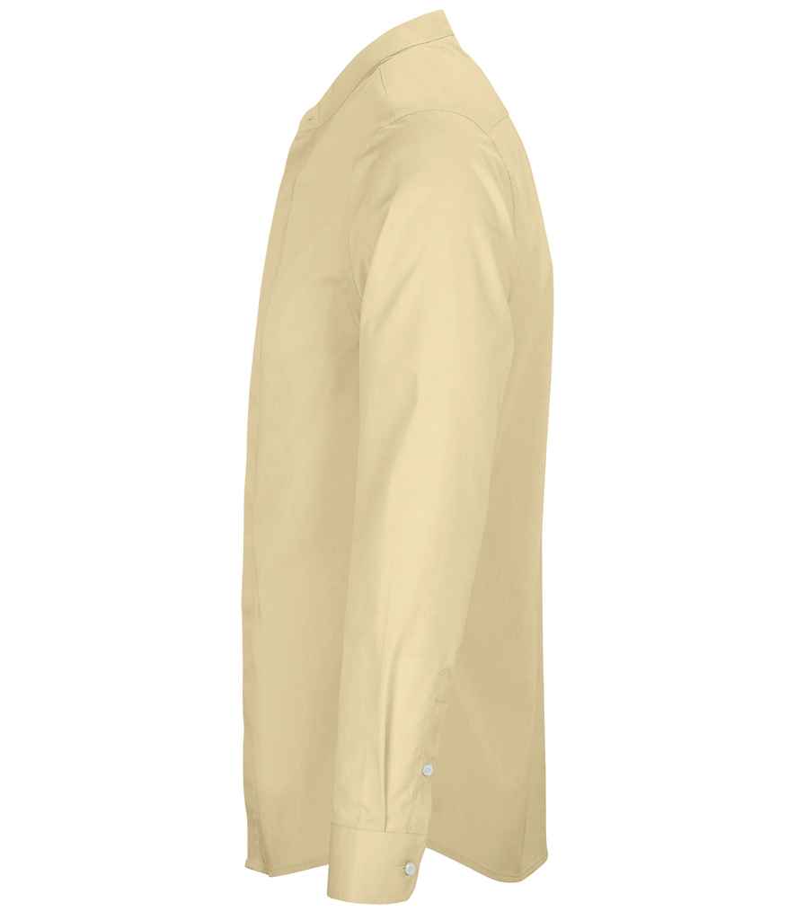 NEOBLU Bart Mao Collar Long Sleeve Poplin Shirt in Beige, side view