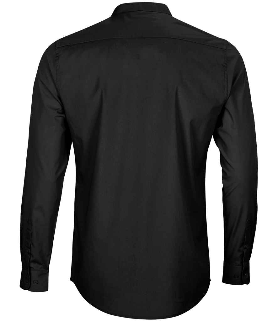 NEOBLU Bart Mao Collar Long Sleeve Poplin Shirt in Deep Black, back view