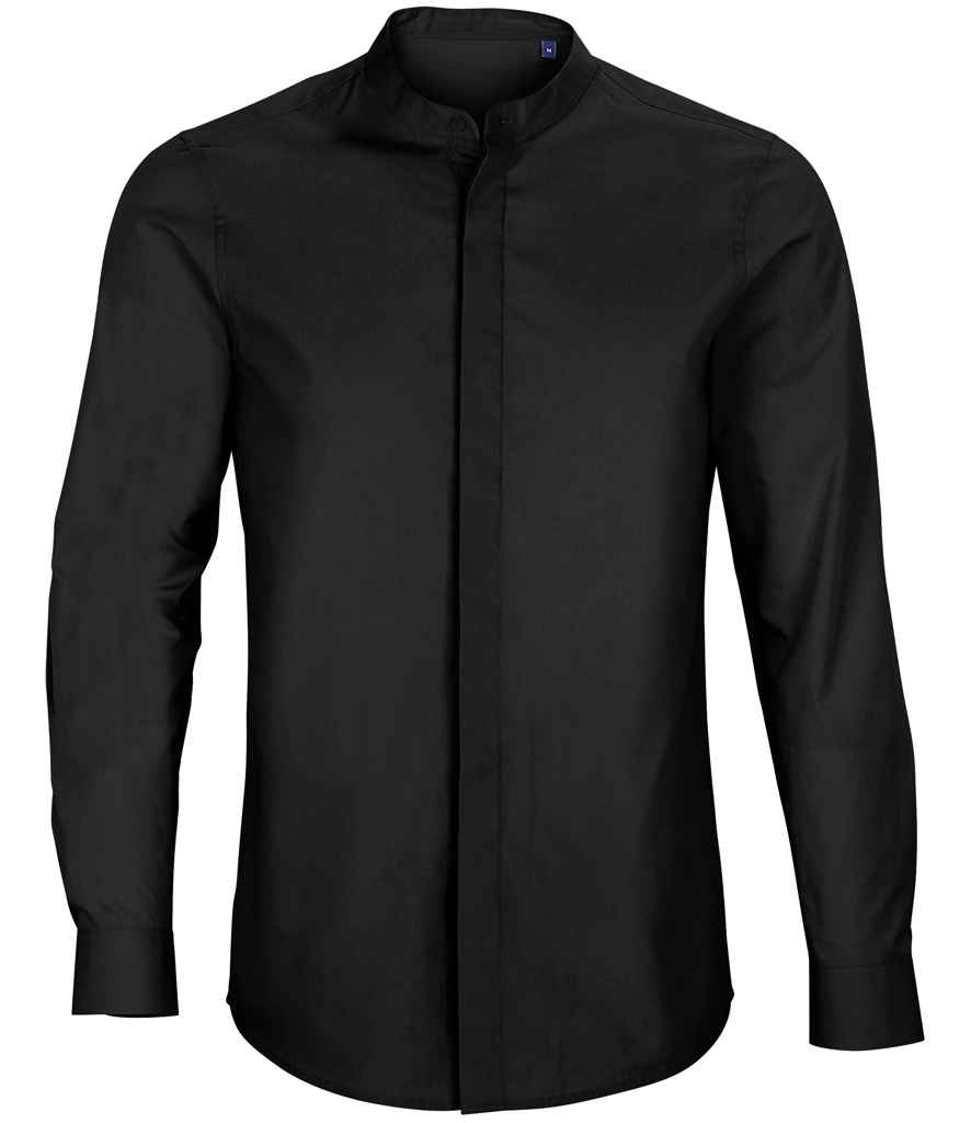NEOBLU Bart Mao Collar Long Sleeve Poplin Shirt in Deep Black, front view