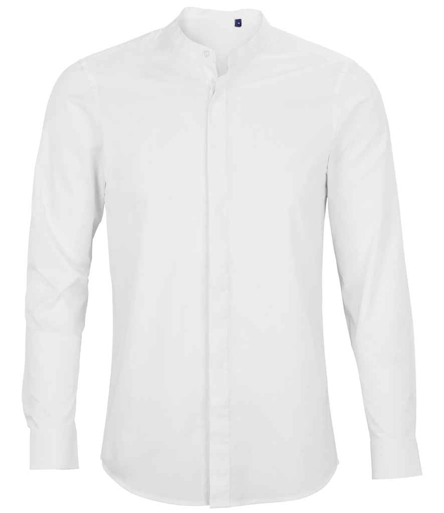 NEOBLU Bart Mao Collar Long Sleeve Poplin Shirt in Optic White, front view