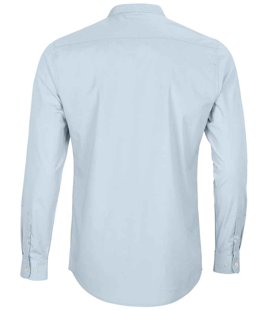 NEOBLU Bart Mao Collar Long Sleeve Poplin Shirt in Soft Blue, back view