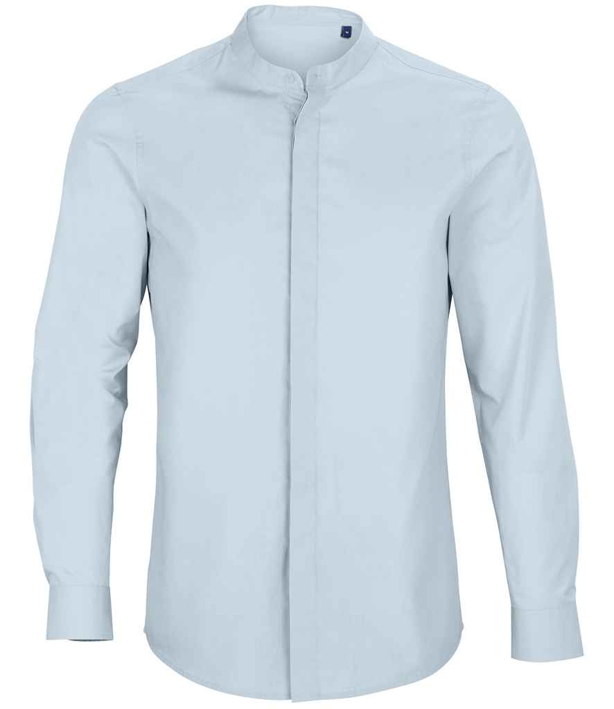 NEOBLU Bart Mao Collar Long Sleeve Poplin Shirt in Soft Blue, front view