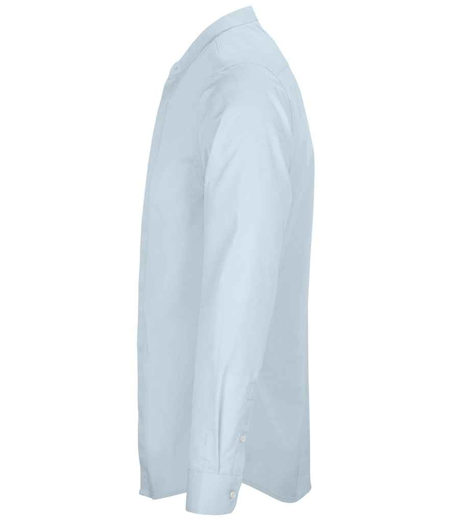 NEOBLU Bart Mao Collar Long Sleeve Poplin Shirt in Soft Blue, side view