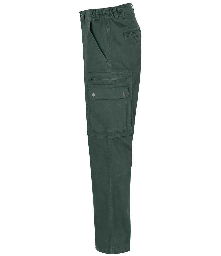 SOL'S Docker Stretch Cargo Trousers in Forest Green, side view