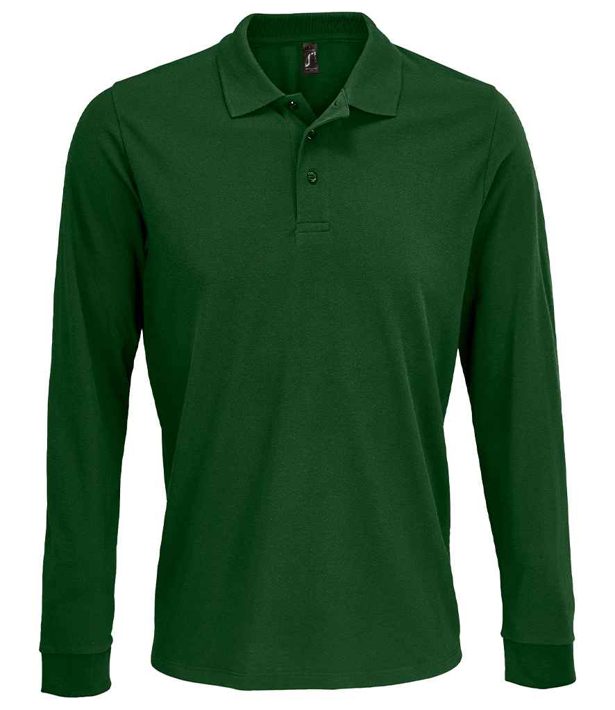 SOL'S Unisex Prime Long Sleeve Piqué Polo Shirt in Bottle Green, front view
