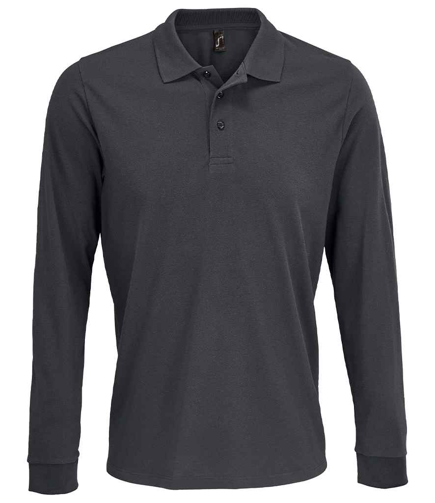 SOL'S Unisex Prime Long Sleeve Piqué Polo Shirt in Dark Grey, front view