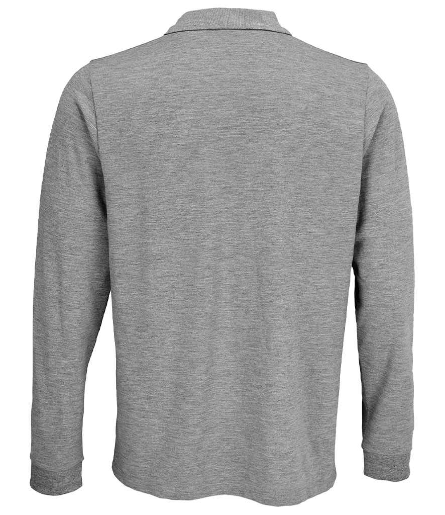 SOL'S Unisex Prime Long Sleeve Piqué Polo Shirt in Grey Marl, back view