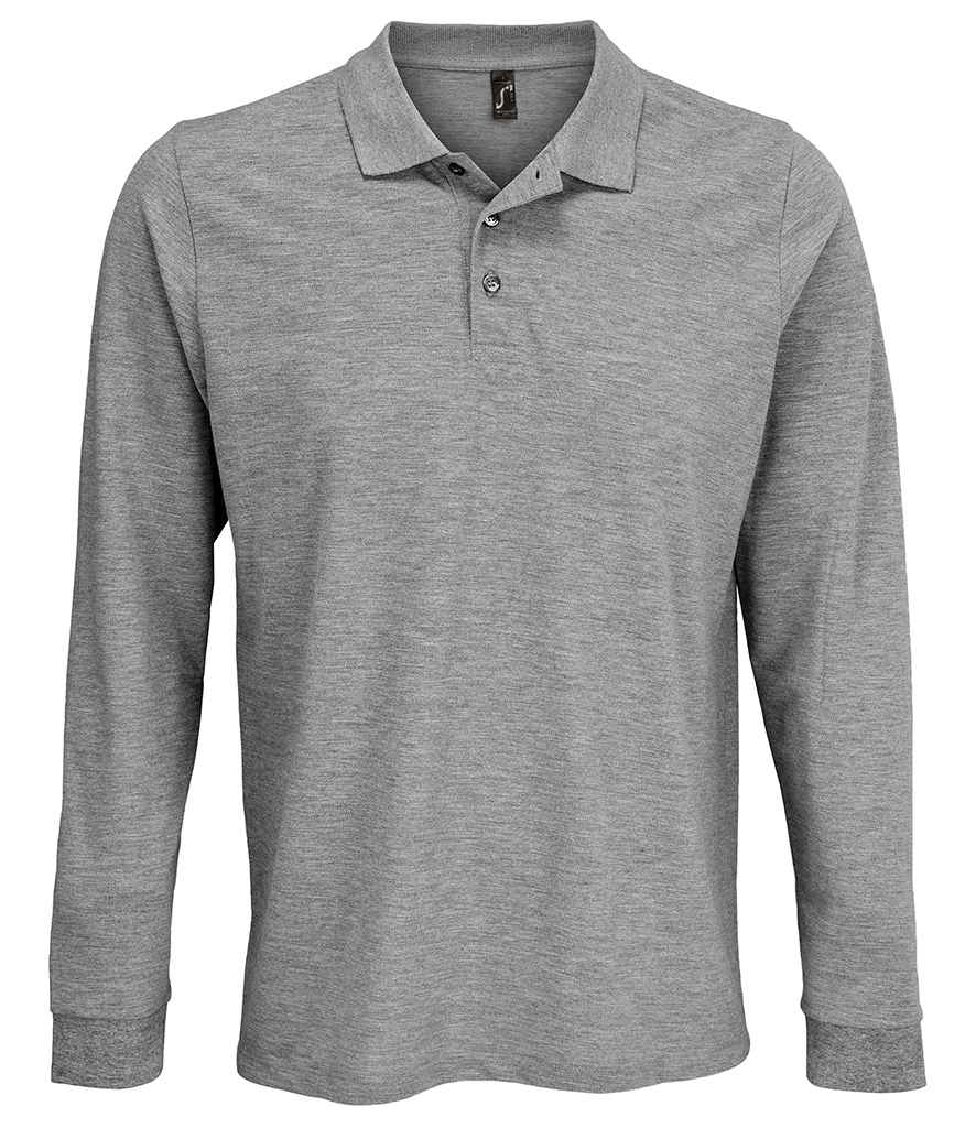 SOL'S Unisex Prime Long Sleeve Piqué Polo Shirt in Grey Marl, front view