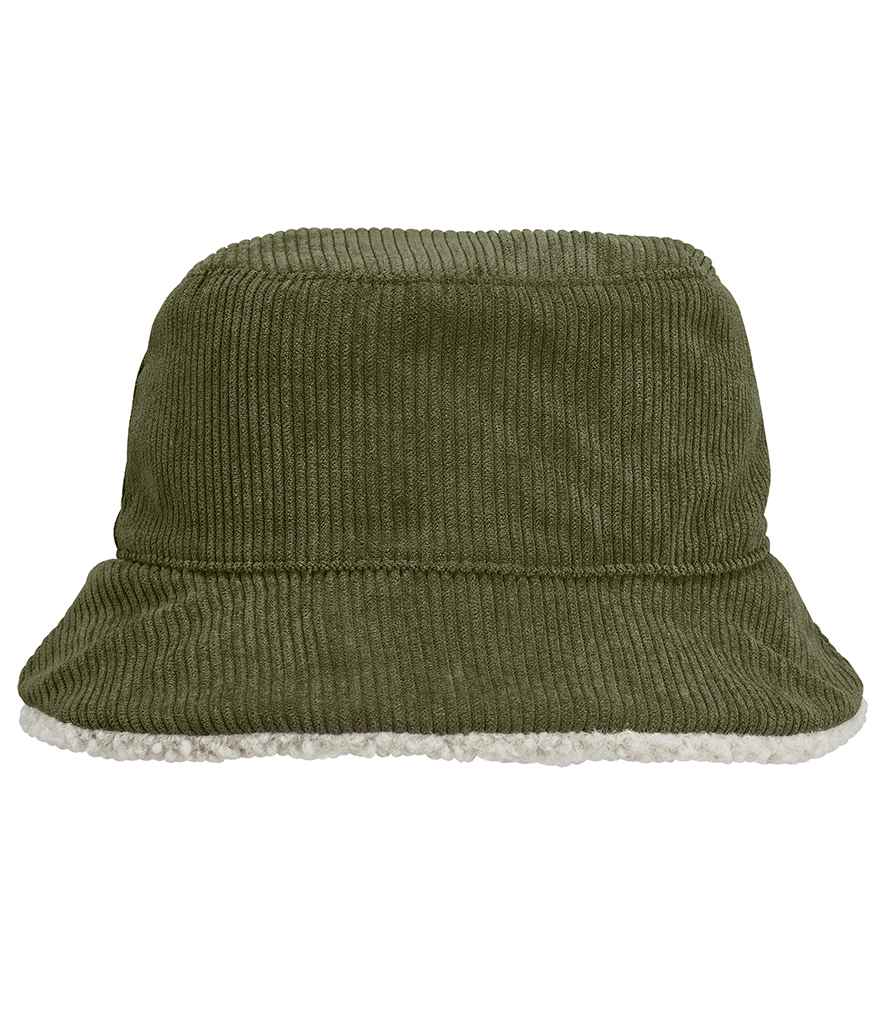 SOL'S Unisex 2-in-1 Reversible Sherpa and Velvet Bucket Hat in Army/Shear Beige, front view
