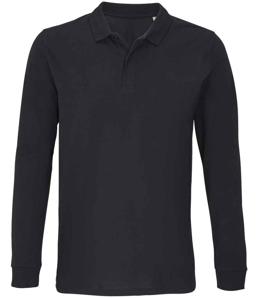 SOL'S Unisex Planet Organic Long Sleeve Piqué Polo Shirt in Black, front view