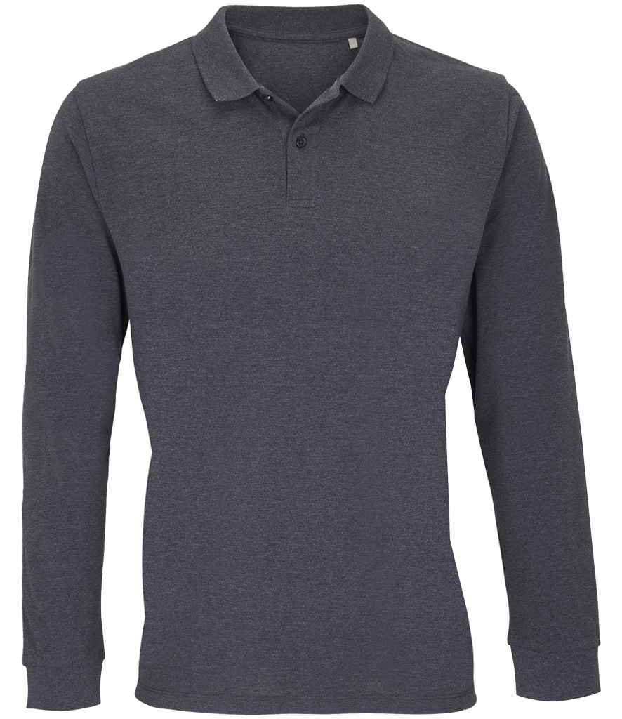 SOL'S Unisex Planet Organic Long Sleeve Piqué Polo Shirt in Charcoal Marl, front view