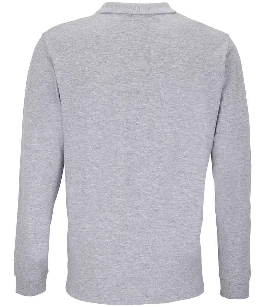 SOL'S Unisex Planet Organic Long Sleeve Piqué Polo Shirt in Grey Marl, back view