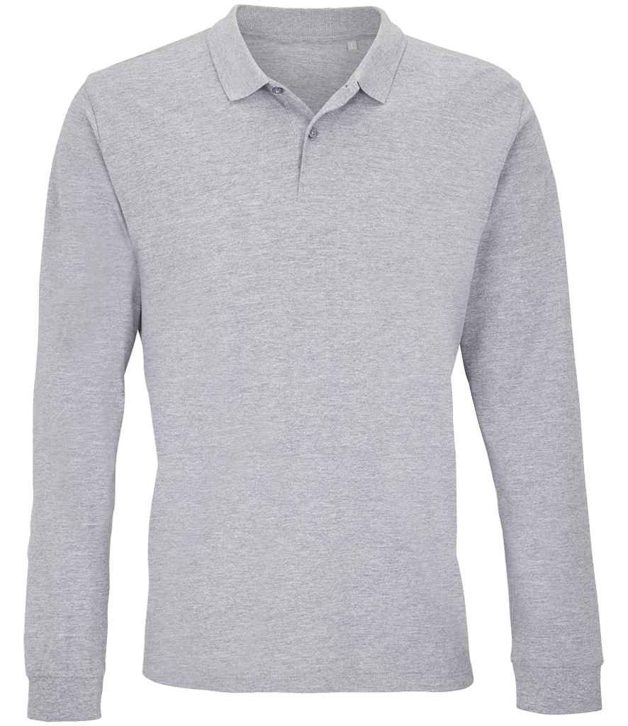 SOL'S Unisex Planet Organic Long Sleeve Piqué Polo Shirt in Grey Marl, front view