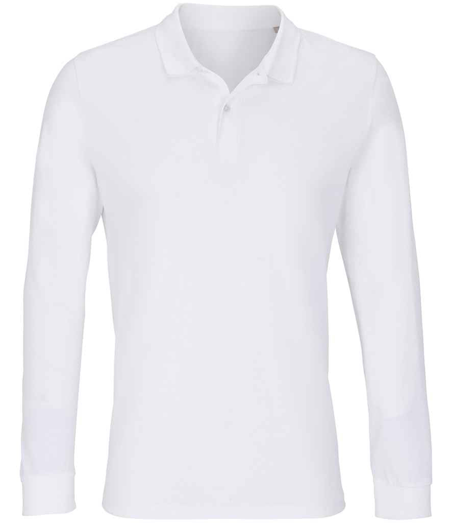 SOL'S Unisex Planet Organic Long Sleeve Piqué Polo Shirt in White, front view