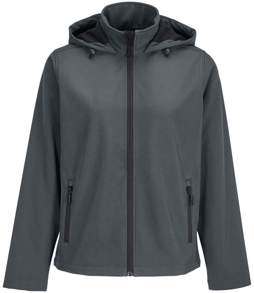 SOL'S Ladies Race Hooded Soft Shell Jacket in Charcoal, front view