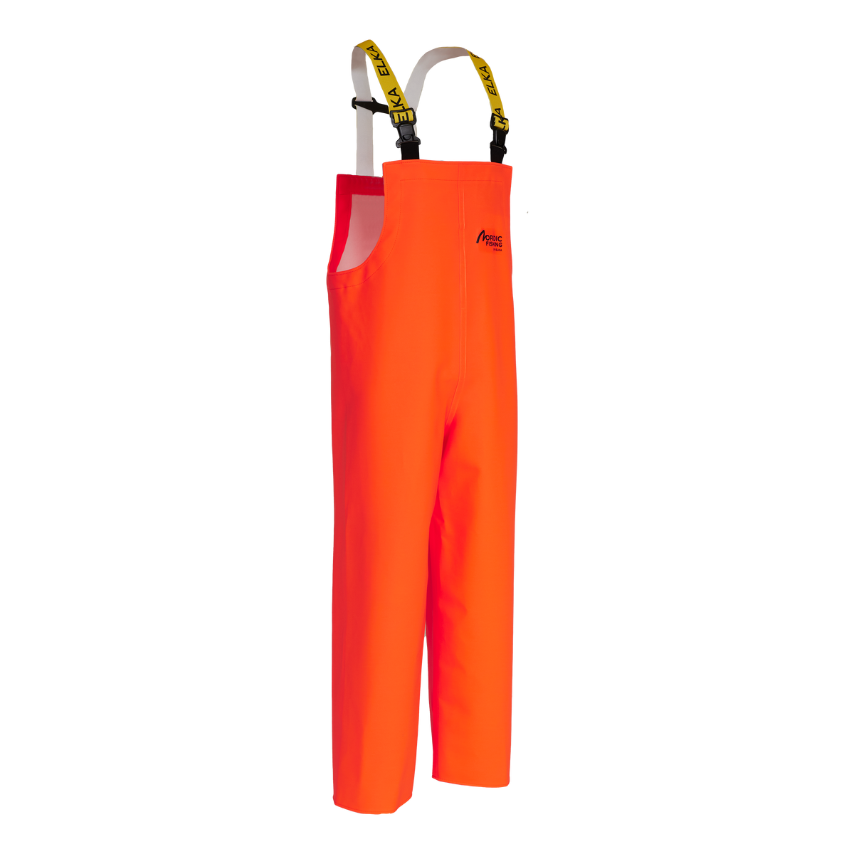 ELKA Rainwear Nordic Fishing Bib & Brace with high waist in Fl. Orange, front view
