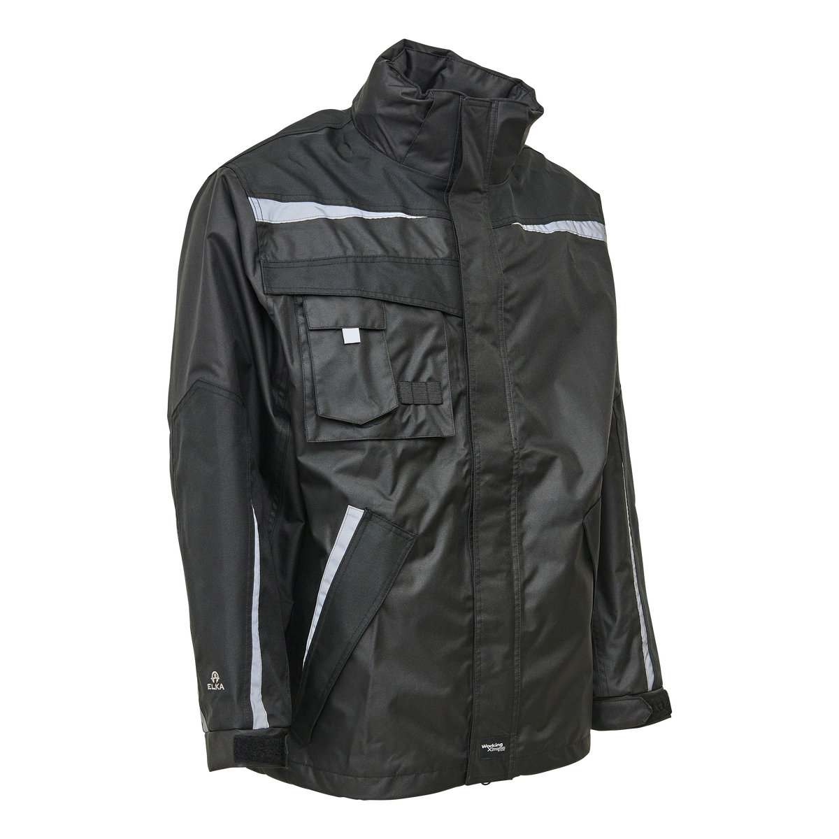 ELKA Rainwear Working Xtreme Oxford rain jacket with reflective tape in Black, front view