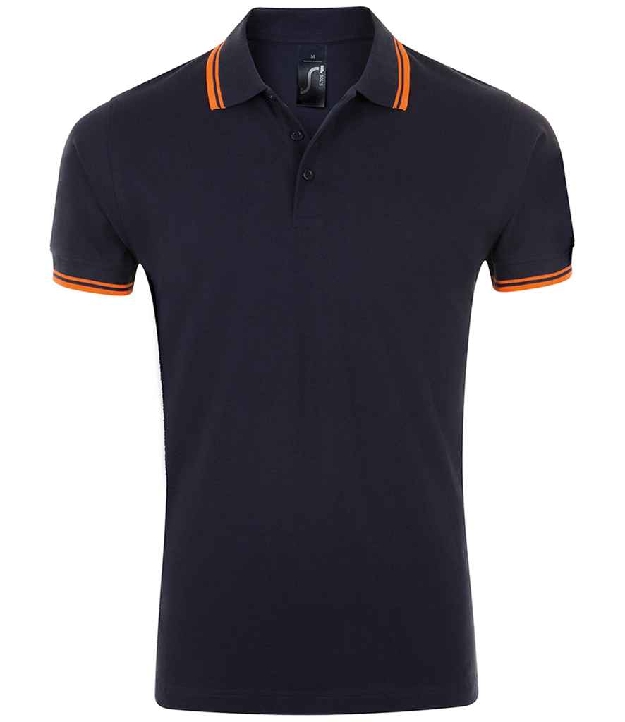 SOL'S Pasadena Tipped Cotton Piqué Polo Shirt in French Navy/Neon Orange, front view