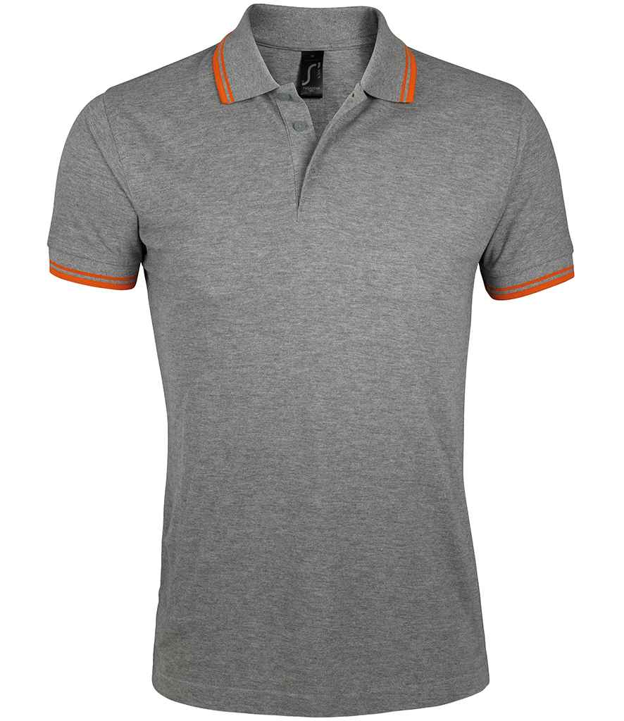 SOL'S Pasadena Tipped Cotton Piqué Polo Shirt in Grey Marl/Orange, front view
