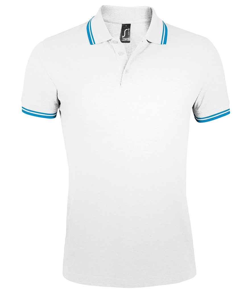 SOL'S Pasadena Tipped Cotton Piqué Polo Shirt in White/Aqua, front view