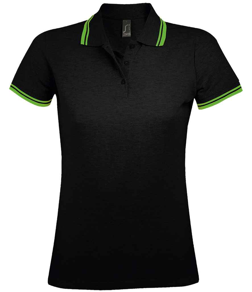SOL'S Ladies Pasadena Tipped Cotton Piqué Polo Shirt in Black/Lime Green, front view