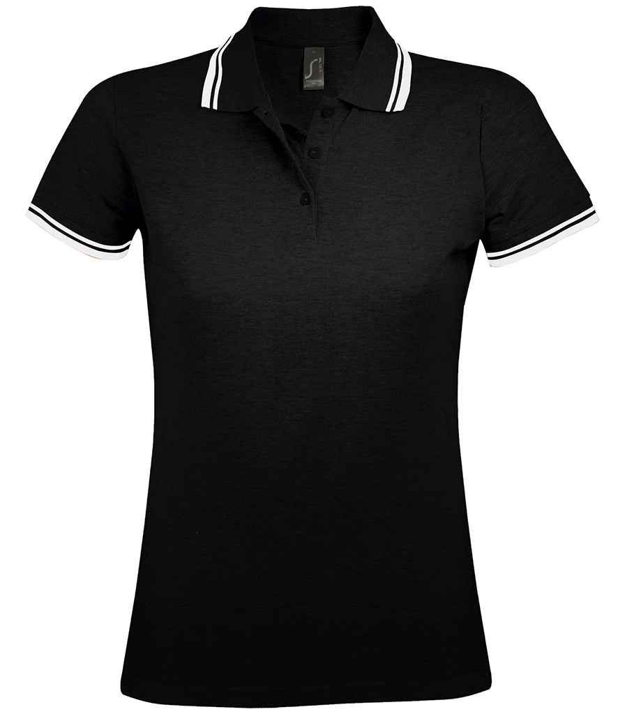 SOL'S Ladies Pasadena Tipped Cotton Piqué Polo Shirt in Black/White, front view