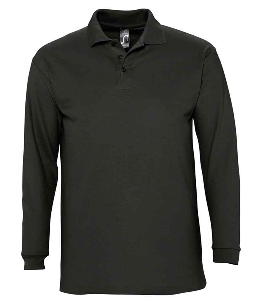 SOL'S Winter II Long Sleeve Cotton Piqué Polo Shirt in Black, front view