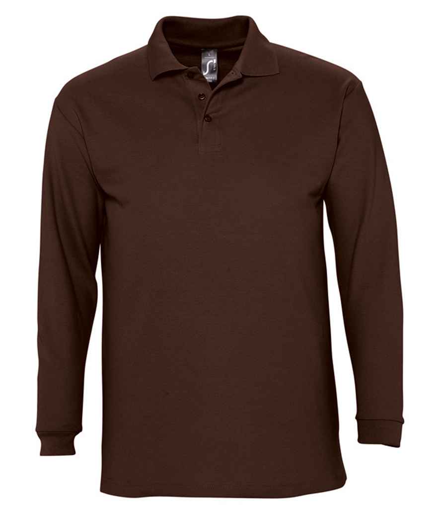 SOL'S Winter II Long Sleeve Cotton Piqué Polo Shirt in Chocolate, front view