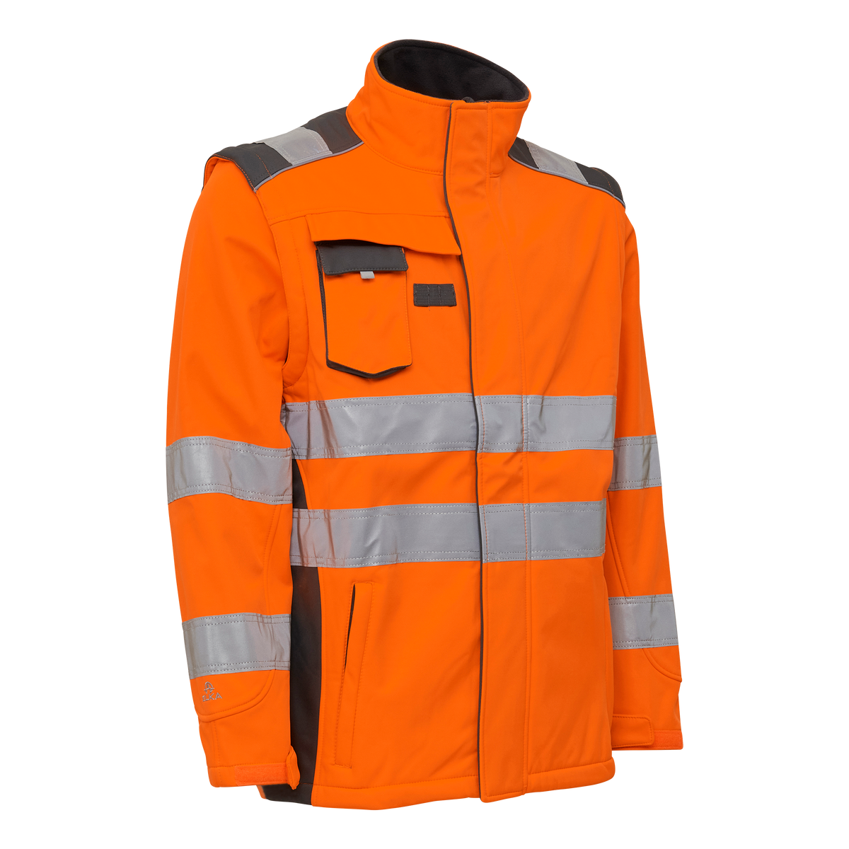 ELKA Rainwear Visible Xtreme Softshell jacket with extra length in Fl. Orange/Grey, front view