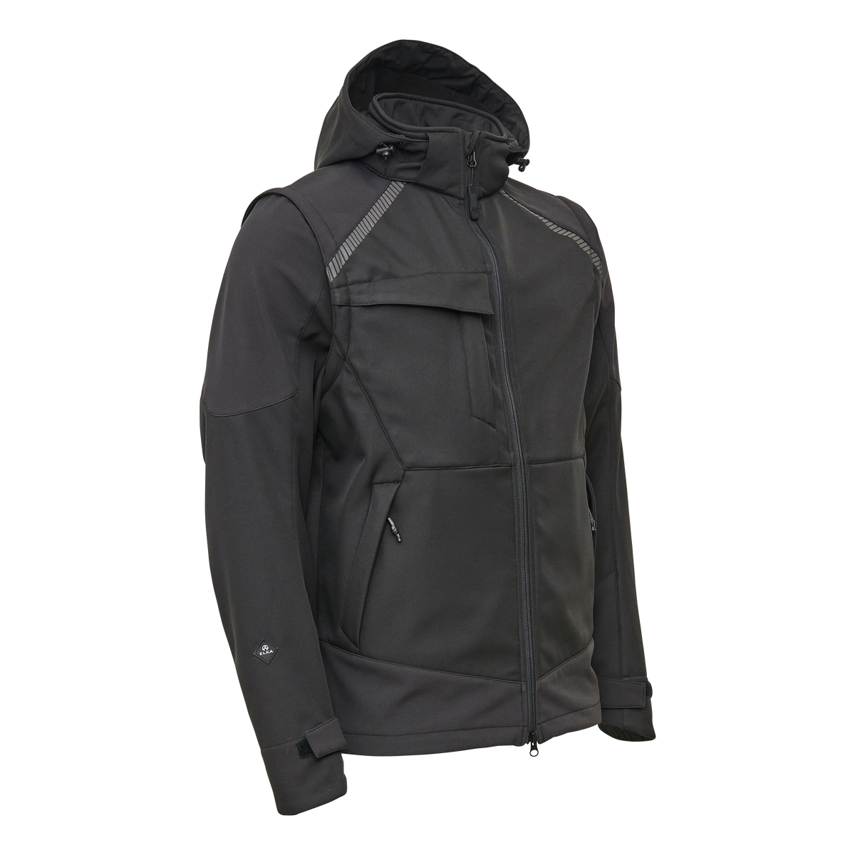 ELKA Rainwear Working Xtreme Softshell Jacket with detachable sleeves in Black, front view