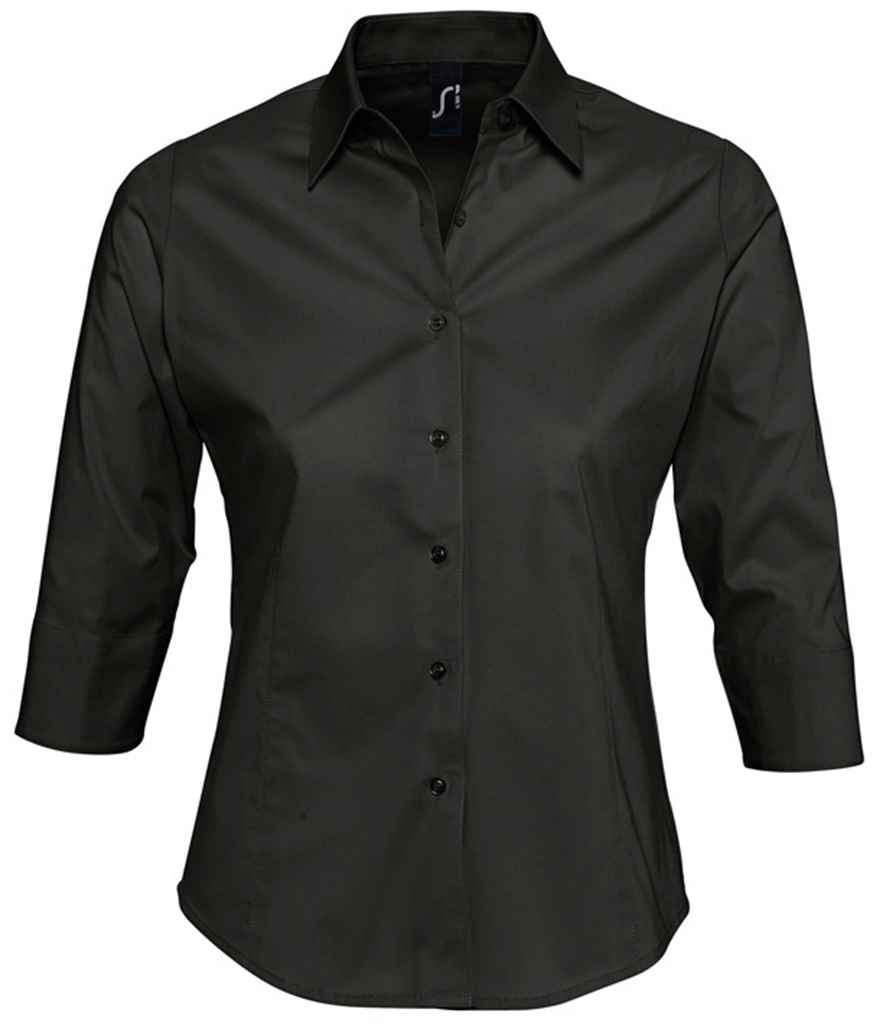 SOL'S Ladies Effect 3/4 Sleeve Fitted Shirt in Black, front view